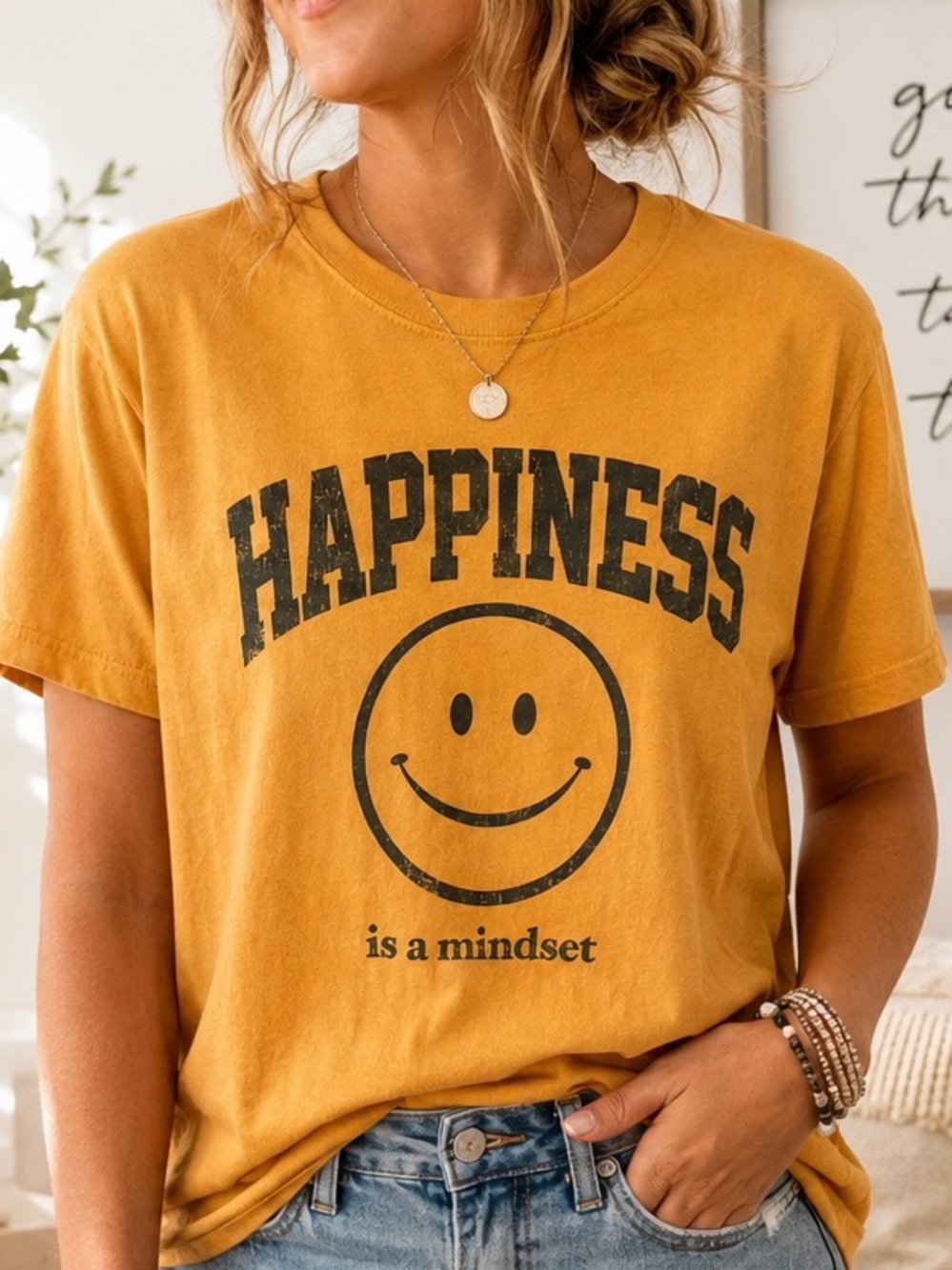 Happiness Is a Mindset Smiley Graphic Tee Mustard Yellow Luxe Soft Cotton Top, M